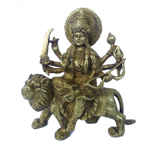 Brass Goddess Durga Handmade Murti | Divine Protection and Prosperity for Your Home | Brass Durga Murti ( Yellow, 9 inch)