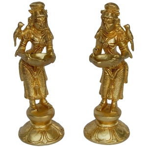 Divine Brass Lakshmi Oil Lamp | Traditional Beauty for Blessings and Good Fortune | Brass Deep Lakshmi Lady Pair ( Yellow, 7 inch)