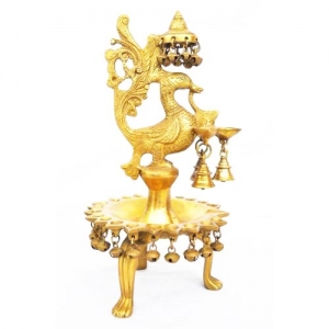 Handmade Brass Diya Stand with Bell | Unique Diwali & Pooja Lamp | Peacock Shaped Brass Diya with Small Bell ( Yellow,13.5 inch)