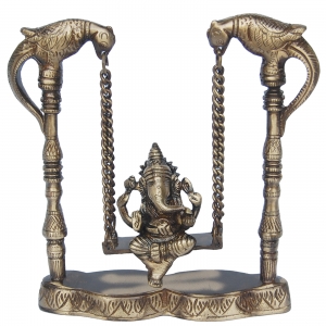 Handcrafted Brass Ganesha Sitting on Jhula | Brass Ganesha Showpiece for Home Decoration ( Yellow, 8 inch)