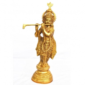 Handcrafted Brass Krishna Murti | Traditional Idol for Home Decoration and Pooja | Brass Krishna Idol ( Yellow, 18 inch)