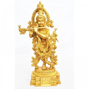 Decorative Brass Krishna Murti | Handcrafted Divine Idol for Home & Temple | ( Yellow, 15 inch)