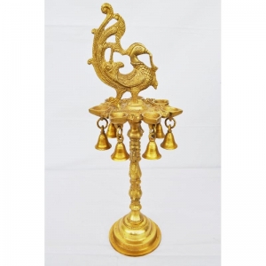 Brass Oil Lamp Stand with Bell | Perfect for Home and Temple Pooja | Brass Pooja Deepak with Bell ( Yellow, 17 inch)