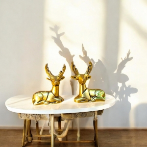 Brass Deer Pair Statue | Elegant Home Decor for Living Room & Office | Premium Brass Deer Pair Figurine ( Yellow, 2.4 inch)