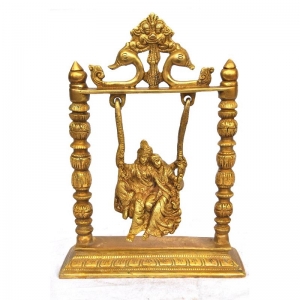 Handcrafted Brass Radha Krishna Murti on Swing | Elegant Religious Showpiece for Home | Brass Radha Krishna on Swing ( Yellow, 10 inch)