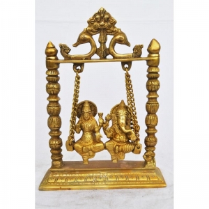 Brass Laxmi Ganesha Swing Idol |  Handcrafted Religious Decor for Home Temple | Brass Laxmi Ganesha Murti ( Yellow, 10 inch)