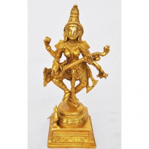 Handmade Brass Saraswati Statue |  Elegant Idol for Spiritual Home Decor | Brass Saraswati Idol ( Yellow, 10 inch)