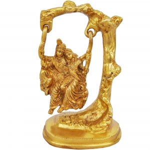 Brass Radha Krishna Jhula Statue | Traditional and Divine Home Decoration Piece | Brass Radha Krishna Jhula Idol ( Yellow, 7 inch)