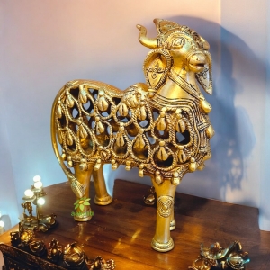 Handcrafted Brass Cow Statue | Traditional Showpiece for Spiritual and Home Temple Decor | Brass Cow Figurine ( Yellow, 10 inch)