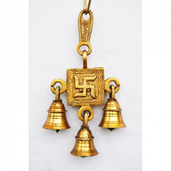 Religious swastik brass metal hanging bell with 3 little bells