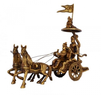 Chariot - Horse Cart - Arjun Rath at The Time of Geeta Shar in Mahabharat War Light Brown Antique Finish - Metal Brass Home and Office Table Decor Gift