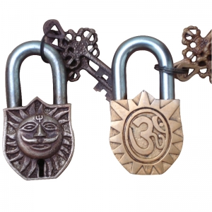 Brass Pad lock decorated with Sun Face and Swastik Figure on Back