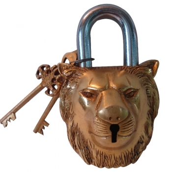 Lion Face Pad Lock of Brass Metal with Two Antique Design Key - Nice Handmade Metal Hardware Door Fitting