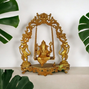 Aakrati Ganesh Sitting On Carved Swing Having Yali Face Brass Statue Yellow