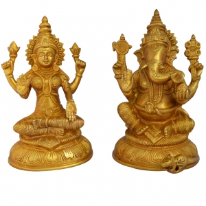 Aakrati Laxmi Ganesha Pair Of Brass In Golden For Your Home & Temple Yellow