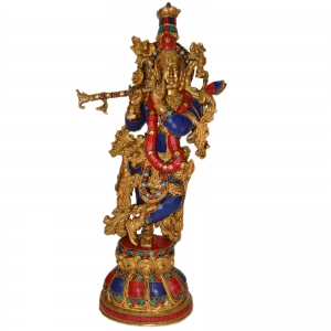 Large Flute Krishna Statue Hindu God Religious Figurine Idol Turquoise Handwork