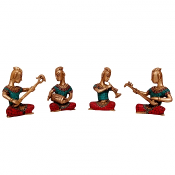 Aakrati Set of Four Musicians Brass Statue in Coral Stone Work - Metal Statue - Table Decor showpiece - Home Decor - Gift - Indian Handmade Craft - Handicraft -