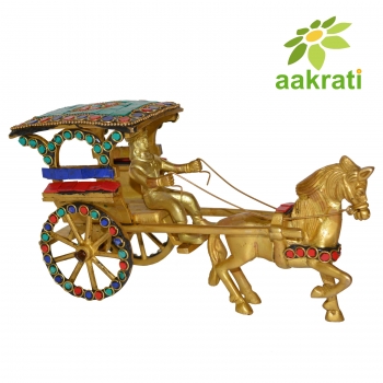 Aakrati Vintage Old Horse Cart Made in Brass a Type of Old Golf Cart with Driver and Golfing Equipment Handmade in India
