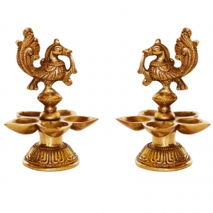 Aakrati Brass Peacock Oil Lamp Pair of Five Wicks for Decor and Worship Decorative Bird Metal Lamp (Pack of 2)