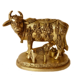 Kaamdhenu Cow with Calf brass made hand carved Pooja Ghar Statue