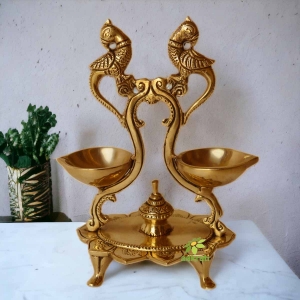 Diya Brass Lamp Traditional Puja Lotus feet Pooja Set Oil Deepak - Brass Peacock Diya Jyoti Deepak Oil Lamp Wick for Pooja, Home Temple, Showpiece, Home Decor, 