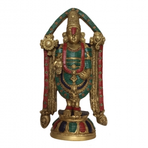 Lord Tirupati Balaji Brass Metal Statue - Religious metal figure with stone work