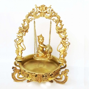 Urli with decoration Brass Made Baby Krishna on swing figure Home office table  Decor Decorative Urli