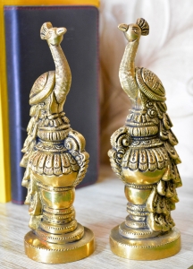 Aakrati Pair of Handmade Small Sitting Brass Peacock Figurine Showpiece 