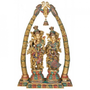 Radha-Krishna Statue with Peocock design Sculpted in Solid Brass Metal for Home Temple,