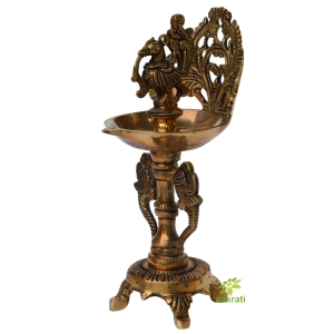 Aakrati Ethnic Twin Peacock Design Brass Oil Diya with Base |Temple Decor | Home Decor Oil Diya Lamp | Indian Handicraft Diya