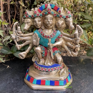 Panch Mukhi Hanuman Statue with stone work, Celibacy, Lord Five face Hanuman Idol, Bajrangbali Handmade brass Ram Bhakt Indian God