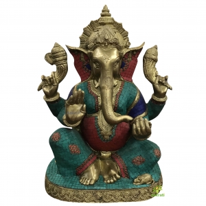 Ganesh statue with colored stones 21 inch Indian brass Cast