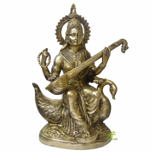 Saraswati Large Solid Brass India Goddess Mata Saraswati Maa Statue Sculpture 28 inch