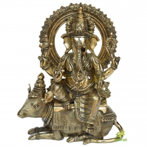 Crowned Ganesh Seated on his Mouse, Ganpati ekdant hindu god Murti Sculpture