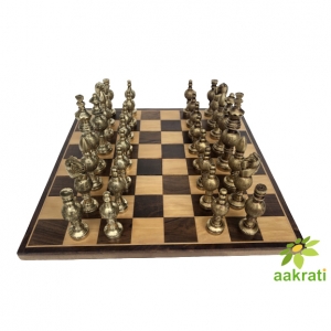 Chess Set Metal | Hand Carved Wood Board Game with Inlaid Brass Carving, Handmade Vintage Pieces & Handcrafted 