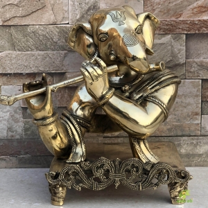 Ganesh Modern style with Flute made in brass metal antique finish statue, Murti Sculpture, Figure of Indian god