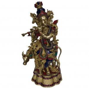 Krishna with cow statue , Big Cow krishna brass idol with beautiful mosaic work, Indian handicrafts gift 