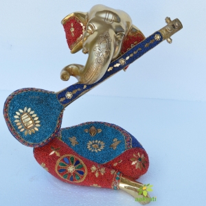 Turquoise work Modern Ganesha sculpture, Musical Ganesha with Veena, Ganesha head Idol, Vinayaka, Metal Brass