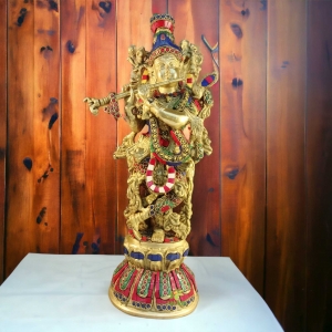 Lord Krishna Statue Hindu God Religious Figurine Idol Turquoise Handwork 