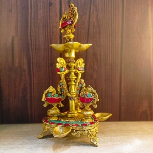Aakrati Peacock Table Oil Lamp Made of Brass for Home Decoration Gift and Religious Purpose - Table Decor Showpiece Sculpture Oil lamp Stand 
