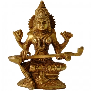 Goddess Saraswati Brass Metal Hand Carved Statue - The Goddess of Art & Knowledge